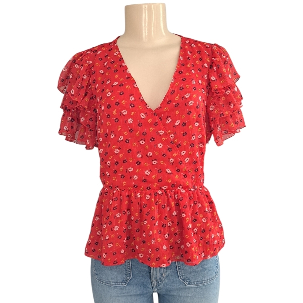 Madewell Red Floral Ruffle Sleeve Wrap Top – Size 6